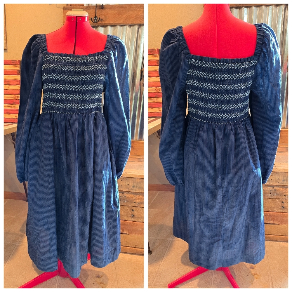 New Draper James blue stripe smocked midi Dress L cottagecore